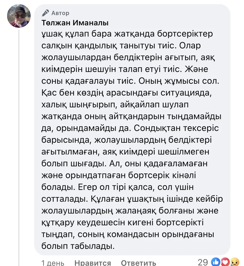 «Кәсіби міндетін дұрыс атқармаған»: Тірі қалған стюардесса сотталуы мүмкін