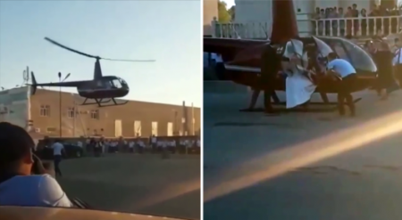 Жас жұбайлар тойханаға тікұшақпен келген